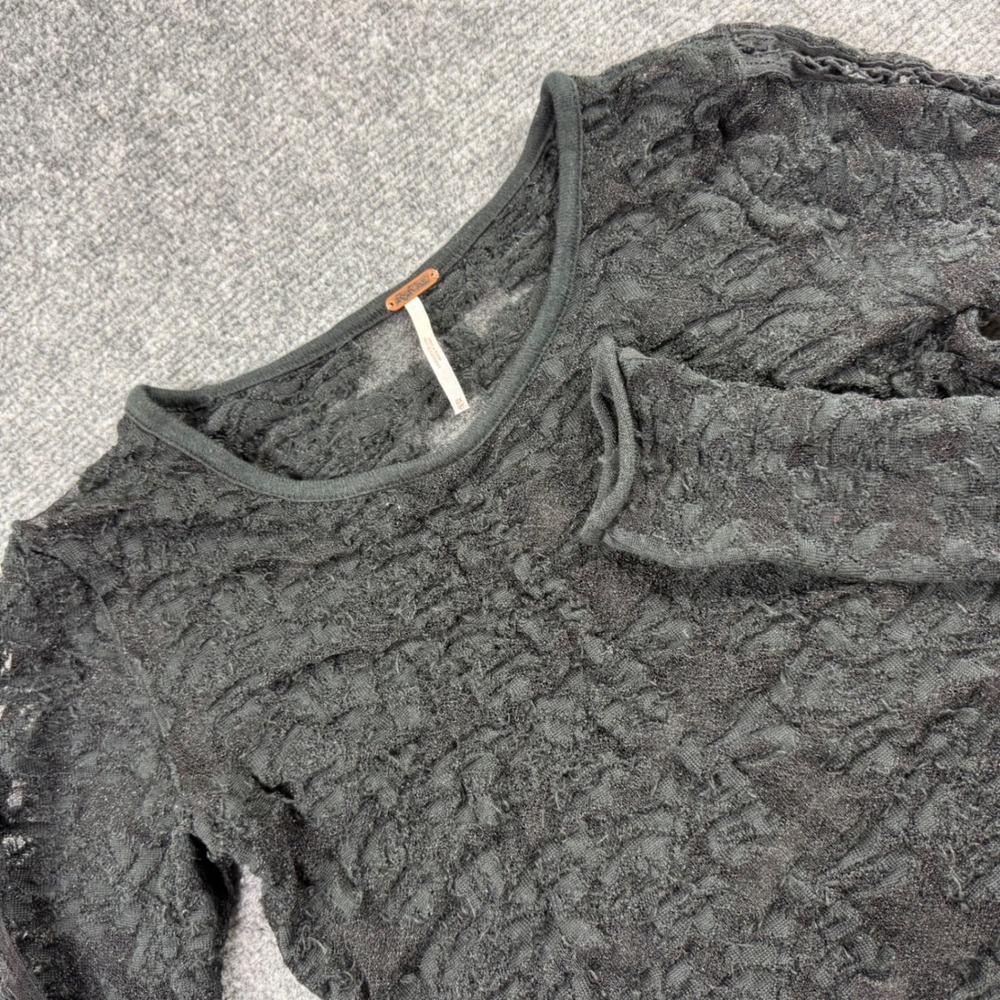 Free People Top XS Black Metallic Textured Sheer Long Sleeve Women